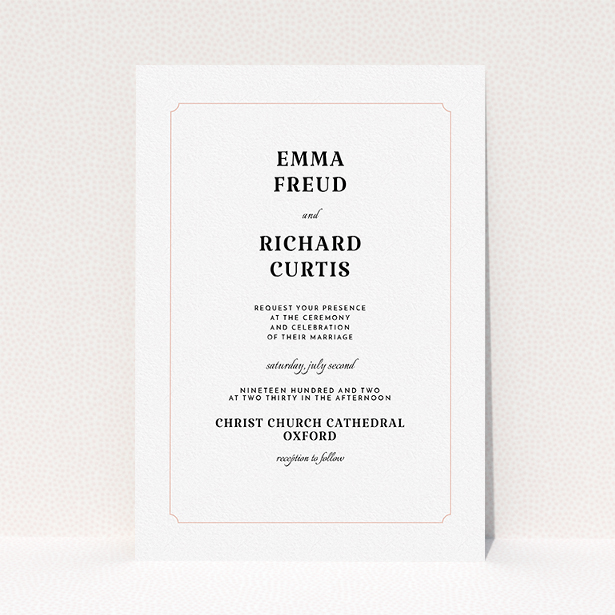 A personalised wedding invite design titled "Harrison notch". It is an A5 invite in a portrait orientation. "Harrison notch" is available as a flat invite, with tones of white and pink.