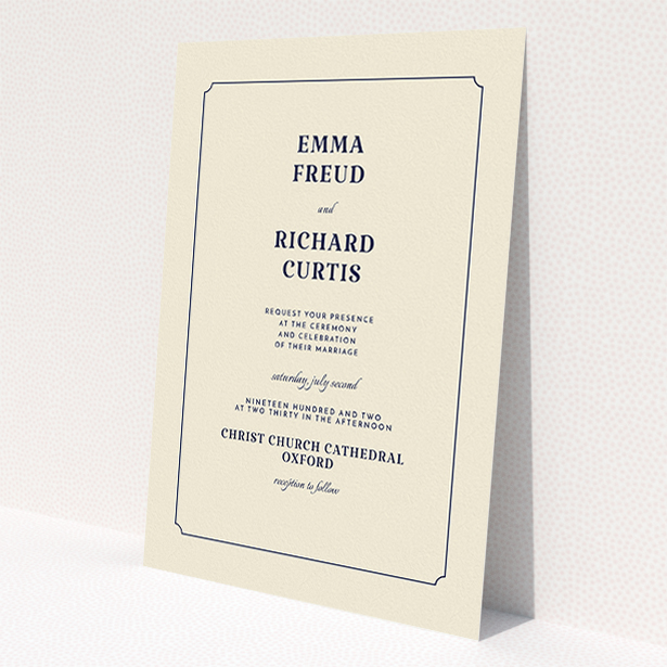 A personalised wedding invite design called "Harrison notch". It is an A5 invite in a portrait orientation. "Harrison notch" is available as a flat invite, with tones of cream and navy blue.