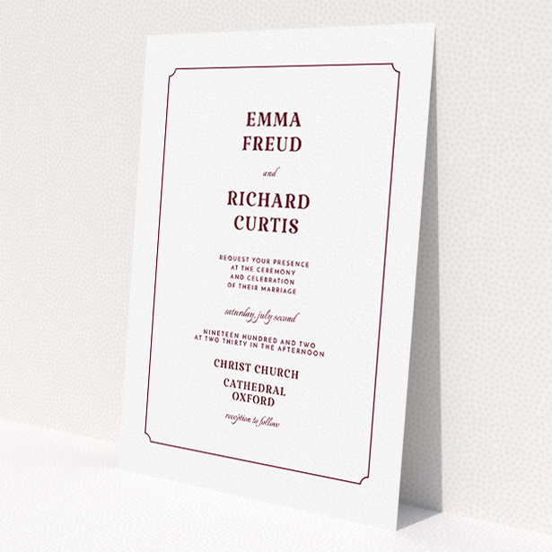 A personalised wedding invite called "Harrison notch". It is an A5 invite in a portrait orientation. "Harrison notch" is available as a flat invite, with tones of white and burgundy.