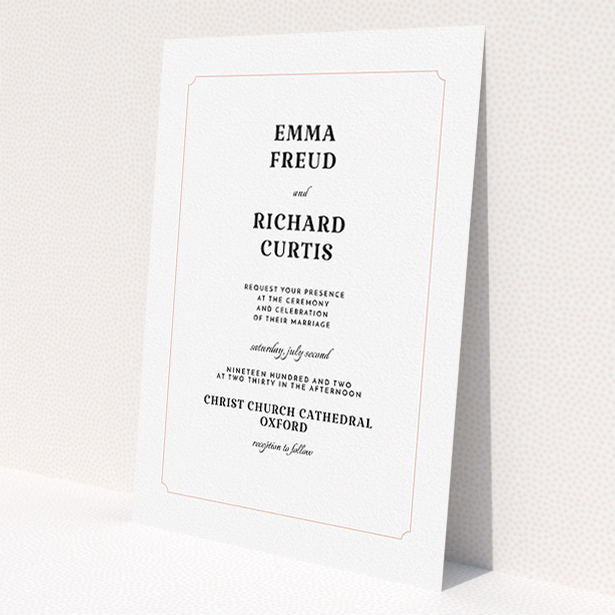 A personalised wedding invite design titled "Harrison notch". It is an A5 invite in a portrait orientation. "Harrison notch" is available as a flat invite, with tones of white and pink.