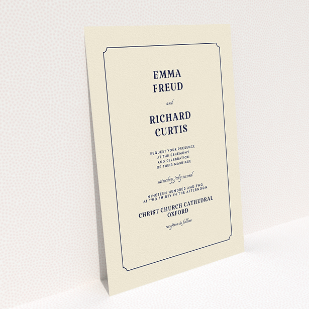A personalised wedding invite design called "Harrison notch". It is an A5 invite in a portrait orientation. "Harrison notch" is available as a flat invite, with tones of cream and navy blue.
