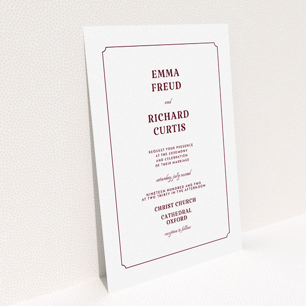A personalised wedding invite called "Harrison notch". It is an A5 invite in a portrait orientation. "Harrison notch" is available as a flat invite, with tones of white and burgundy.
