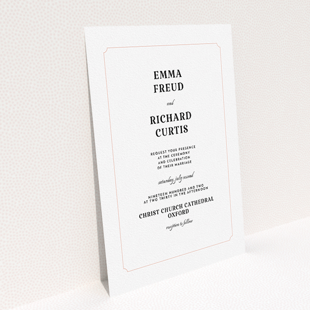 A personalised wedding invite design titled "Harrison notch". It is an A5 invite in a portrait orientation. "Harrison notch" is available as a flat invite, with tones of white and pink.