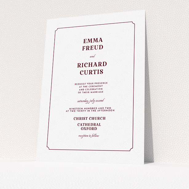 A personalised wedding invite called "Harrison notch". It is an A5 invite in a portrait orientation. "Harrison notch" is available as a flat invite, with tones of white and burgundy.