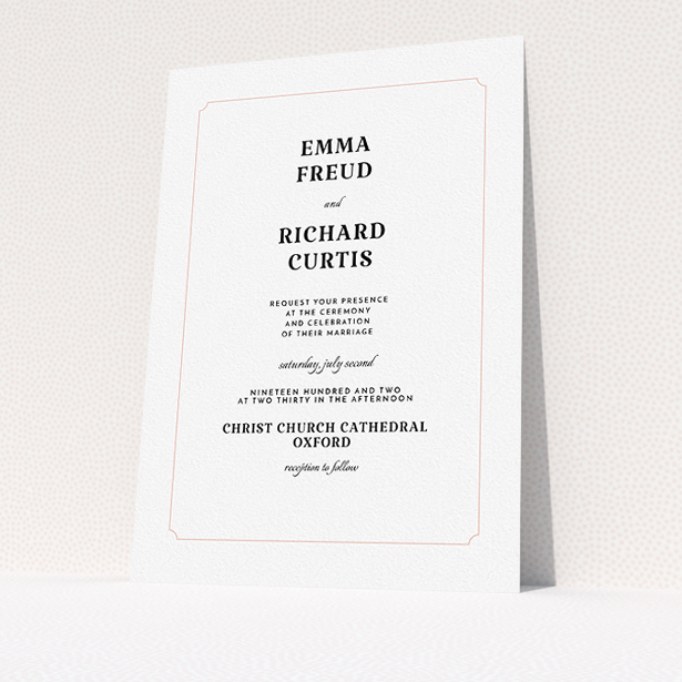 A personalised wedding invite design titled "Harrison notch". It is an A5 invite in a portrait orientation. "Harrison notch" is available as a flat invite, with tones of white and pink.
