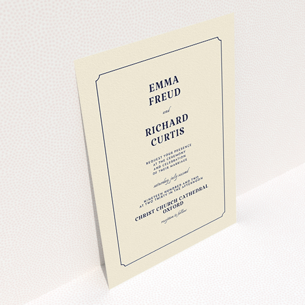 A personalised wedding invite design called "Harrison notch". It is an A5 invite in a portrait orientation. "Harrison notch" is available as a flat invite, with tones of cream and navy blue.