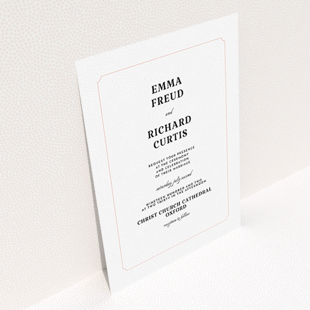 A personalised wedding invite design titled "Harrison notch". It is an A5 invite in a portrait orientation. "Harrison notch" is available as a flat invite, with tones of white and pink.