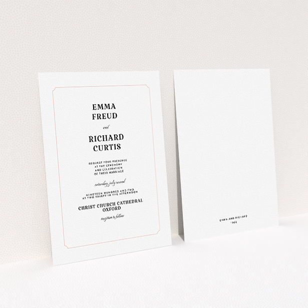 A personalised wedding invite design titled "Harrison notch". It is an A5 invite in a portrait orientation. "Harrison notch" is available as a flat invite, with tones of white and pink.