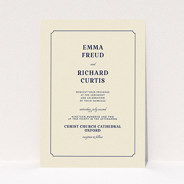A personalised wedding invite design named "Harrison notch". It is an A6 invite in a portrait orientation. "Harrison notch" is available as a flat invite, with tones of cream and navy blue.