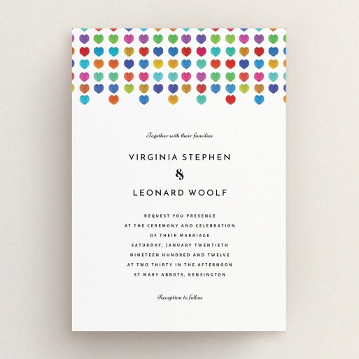 A personalised wedding invite design titled "Heart cascade". It is an A5 invite in a portrait orientation. "Heart cascade" is available as a flat invite, with tones of white, orange and red.