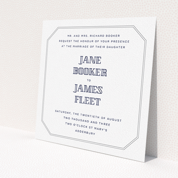 A personalised wedding invite design named "In between the lines square". It is a square (148mm x 148mm) invite in a square orientation. "In between the lines square" is available as a flat invite, with tones of grey and white.