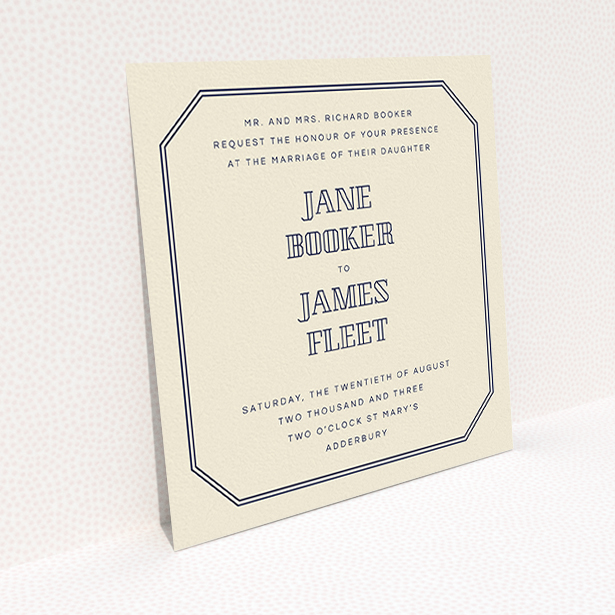 A personalised wedding invite design titled "In between the lines square". It is a square (148mm x 148mm) invite in a square orientation. "In between the lines square" is available as a flat invite, with tones of cream and navy blue.
