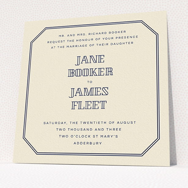 A personalised wedding invite design titled "In between the lines square". It is a square (148mm x 148mm) invite in a square orientation. "In between the lines square" is available as a flat invite, with tones of cream and navy blue.