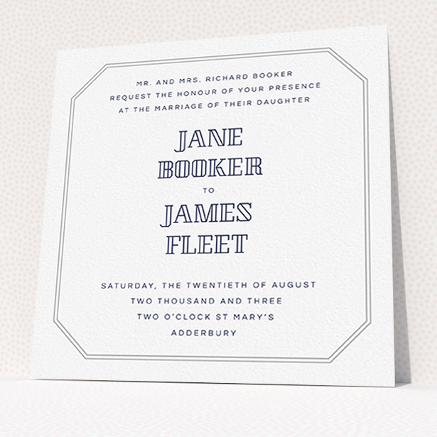 A personalised wedding invite design named "In between the lines square". It is a square (148mm x 148mm) invite in a square orientation. "In between the lines square" is available as a flat invite, with tones of grey and white.