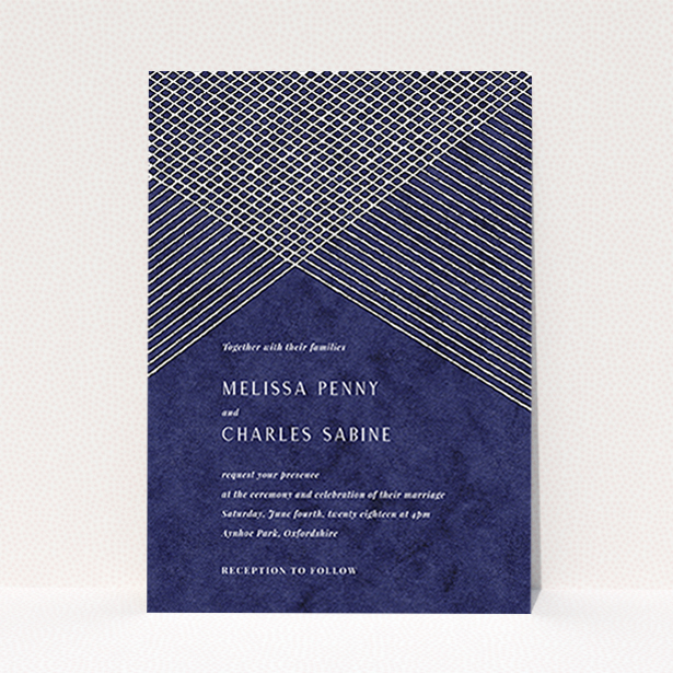 A personalised wedding invite named "In the Navy". It is an A6 invite in a portrait orientation. "In the Navy" is available as a flat invite, with tones of blue and white.