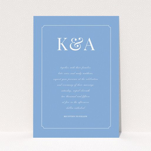 A personalised wedding invite named "Initials here". It is an A5 invite in a portrait orientation. "Initials here" is available as a flat invite, with tones of blue and white.