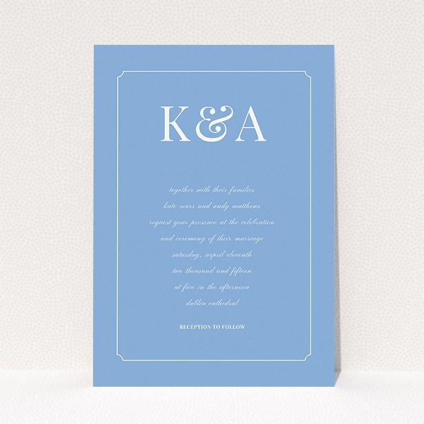 A personalised wedding invite named "Initials here". It is an A5 invite in a portrait orientation. "Initials here" is available as a flat invite, with tones of blue and white.