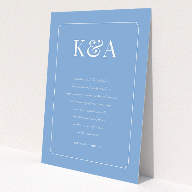 A personalised wedding invite named "Initials here". It is an A5 invite in a portrait orientation. "Initials here" is available as a flat invite, with tones of blue and white.
