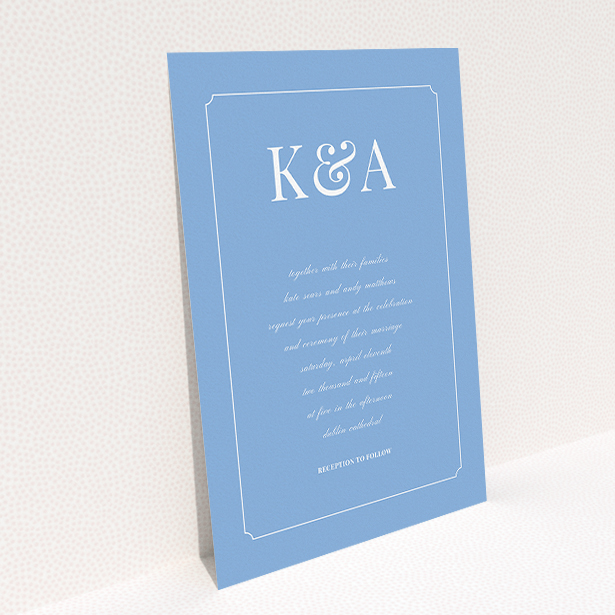 A personalised wedding invite named "Initials here". It is an A5 invite in a portrait orientation. "Initials here" is available as a flat invite, with tones of blue and white.