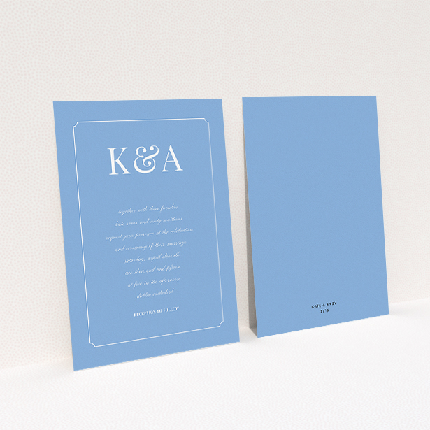 A personalised wedding invite named "Initials here". It is an A5 invite in a portrait orientation. "Initials here" is available as a flat invite, with tones of blue and white.