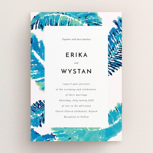 A personalised wedding invite template titled "Jungle bloom". It is an A5 invite in a portrait orientation. "Jungle bloom" is available as a flat invite, with tones of blue and white.