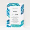 A personalised wedding invite template titled "Jungle bloom". It is an A5 invite in a portrait orientation. "Jungle bloom" is available as a flat invite, with tones of blue and white.