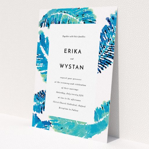 A personalised wedding invite template titled 'Jungle bloom'. It is an A5 invite in a portrait orientation. 'Jungle bloom' is available as a flat invite, with tones of blue and white.