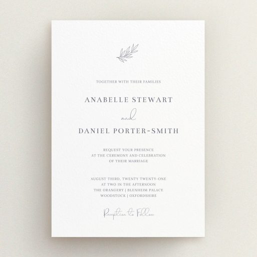 A personalised wedding invite design titled "Just that simple". It is an A5 invite in a portrait orientation. "Just that simple" is available as a flat invite, with tones of white and grey.