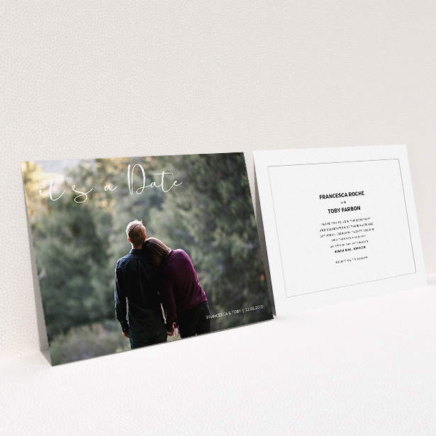 A personalised wedding invite named "Koh Tao". It is an A5 invite in a landscape orientation. It is a photographic personalised wedding invite with room for 1 photo. "Koh Tao" is available as a flat invite, with mainly white colouring.