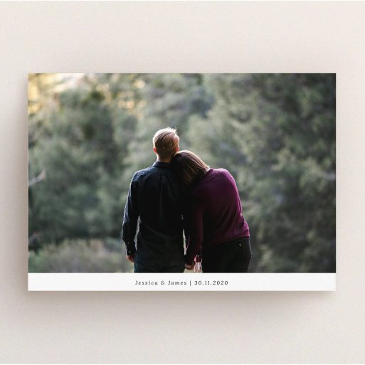 A personalised wedding invite design named "Landscape Photo". It is an A5 invite in a landscape orientation. It is a photographic personalised wedding invite with room for 1 photo. "Landscape Photo" is available as a flat invite, with mainly white colouring.