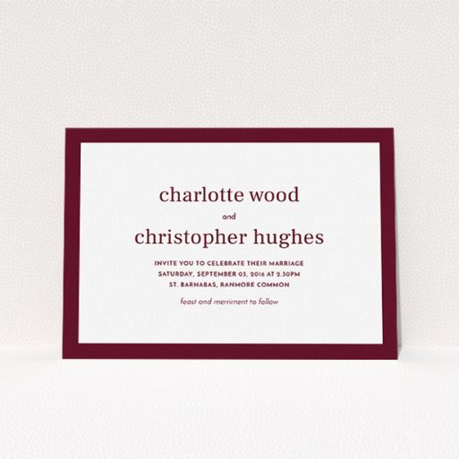 A personalised wedding invite named "Laydown simple". It is an A5 invite in a landscape orientation. "Laydown simple" is available as a flat invite, with tones of burgundy and white.