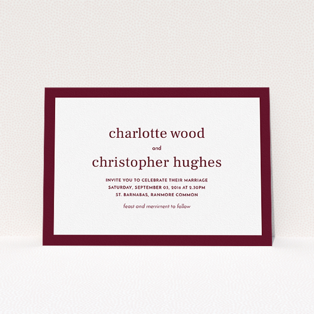 A personalised wedding invite named "Laydown simple". It is an A5 invite in a landscape orientation. "Laydown simple" is available as a flat invite, with tones of burgundy and white.