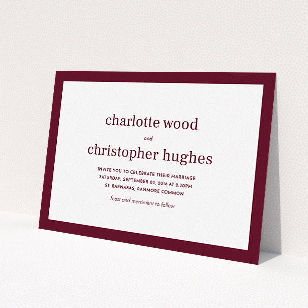 A personalised wedding invite named "Laydown simple". It is an A5 invite in a landscape orientation. "Laydown simple" is available as a flat invite, with tones of burgundy and white.