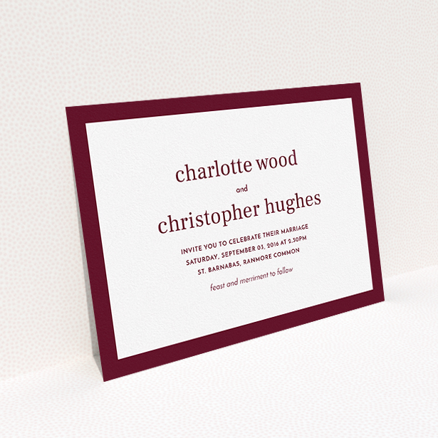 A personalised wedding invite named "Laydown simple". It is an A5 invite in a landscape orientation. "Laydown simple" is available as a flat invite, with tones of burgundy and white.
