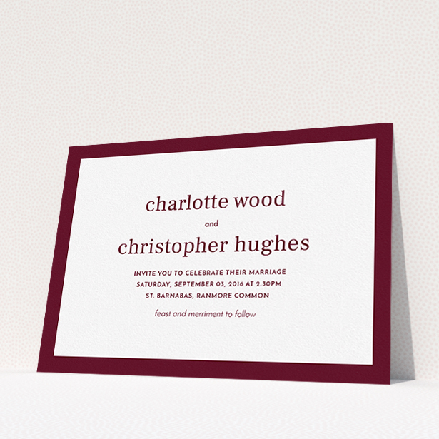 A personalised wedding invite named "Laydown simple". It is an A5 invite in a landscape orientation. "Laydown simple" is available as a flat invite, with tones of burgundy and white.