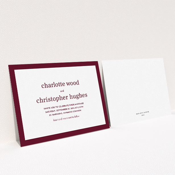 A personalised wedding invite named "Laydown simple". It is an A5 invite in a landscape orientation. "Laydown simple" is available as a flat invite, with tones of burgundy and white.