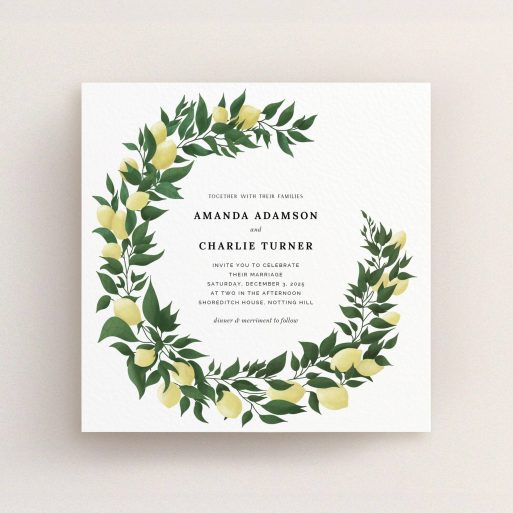 A personalised wedding invite called "Lemon Wreath". It is a square (148mm x 148mm) invite in a square orientation. "Lemon Wreath" is available as a flat invite, with tones of green and yellow.