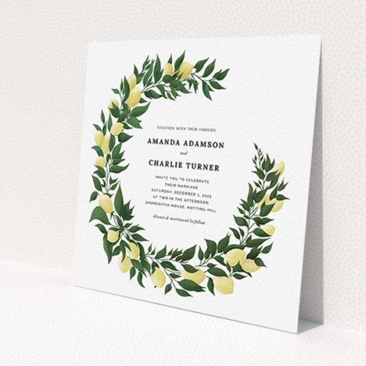 A personalised wedding invite called 'Lemon Wreath'. It is a square (148mm x 148mm) invite in a square orientation. 'Lemon Wreath' is available as a flat invite, with tones of green and yellow.