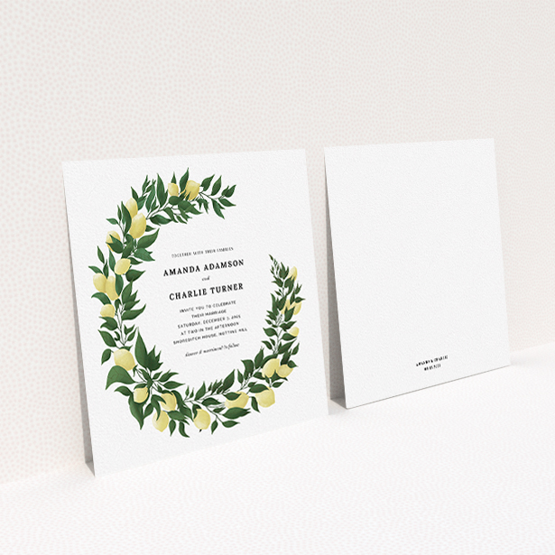 A personalised wedding invite called "Lemon Wreath". It is a square (148mm x 148mm) invite in a square orientation. "Lemon Wreath" is available as a flat invite, with tones of green and yellow.