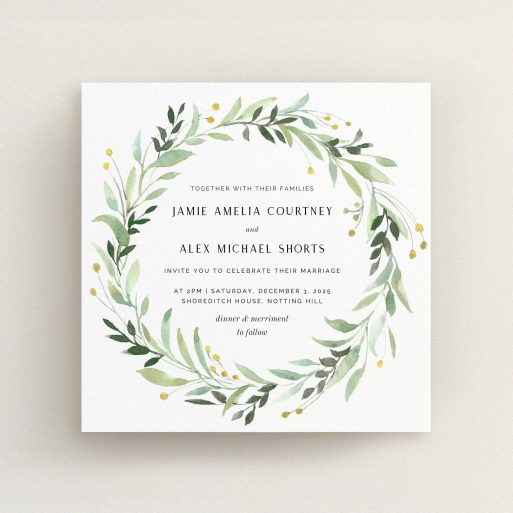 A personalised wedding invite design named "Light Floral Wreath". It is a square (148mm x 148mm) invite in a square orientation. "Light Floral Wreath" is available as a flat invite, with tones of ice blue, light green and yellow.