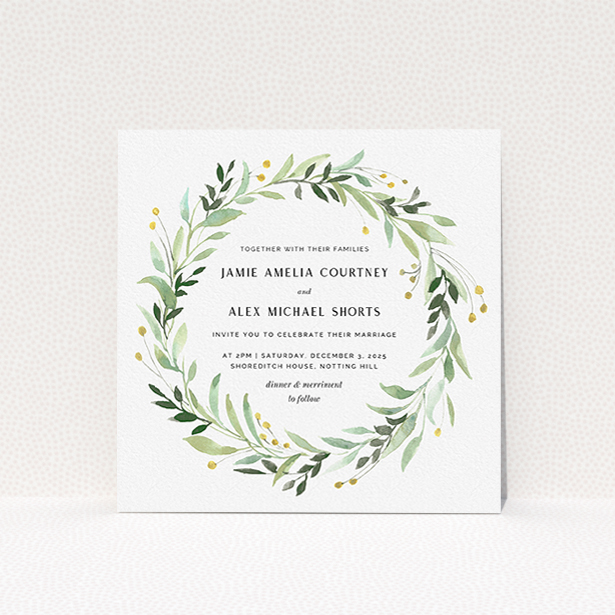 A personalised wedding invite design named "Light Floral Wreath". It is a square (148mm x 148mm) invite in a square orientation. "Light Floral Wreath" is available as a flat invite, with tones of ice blue, light green and yellow.