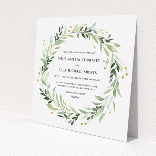 A personalised wedding invite design named 'Light Floral Wreath'. It is a square (148mm x 148mm) invite in a square orientation. 'Light Floral Wreath' is available as a flat invite, with tones of ice blue, light green and yellow.