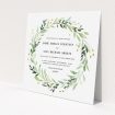 A personalised wedding invite design named "Light Floral Wreath". It is a square (148mm x 148mm) invite in a square orientation. "Light Floral Wreath" is available as a flat invite, with tones of ice blue, light green and yellow.