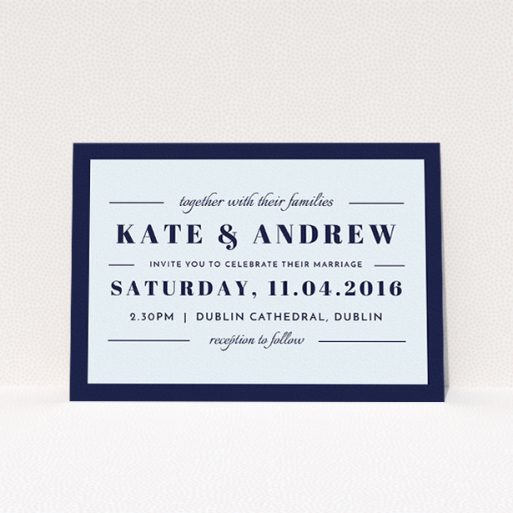 A personalised wedding invite named "Lines with a thick border". It is an A5 invite in a landscape orientation. "Lines with a thick border" is available as a flat invite, with mainly blue colouring.