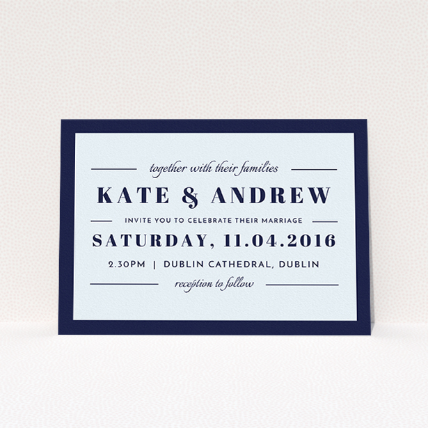 A personalised wedding invite named "Lines with a thick border". It is an A5 invite in a landscape orientation. "Lines with a thick border" is available as a flat invite, with mainly blue colouring.