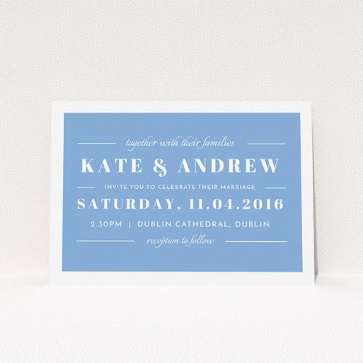A personalised wedding invite design titled "Lines with a thick border". It is an A5 invite in a landscape orientation. "Lines with a thick border" is available as a flat invite, with tones of blue and white.