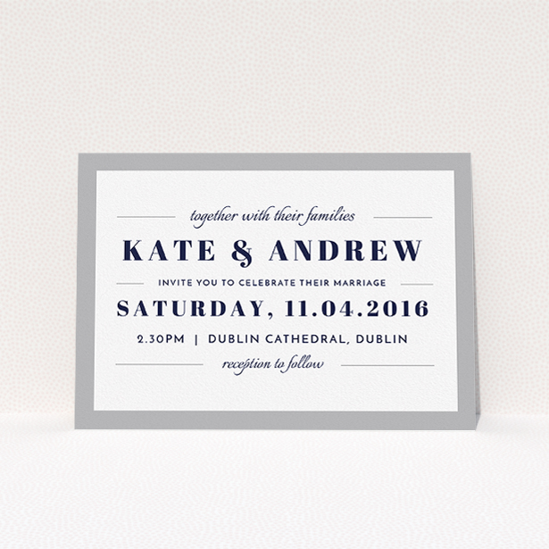 A personalised wedding invite template titled "Lines with a thick border". It is an A5 invite in a landscape orientation. "Lines with a thick border" is available as a flat invite, with tones of grey and white.