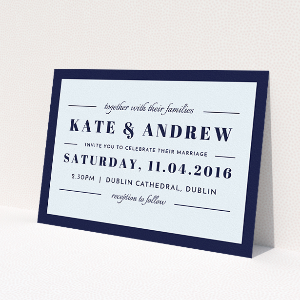 A personalised wedding invite named "Lines with a thick border". It is an A5 invite in a landscape orientation. "Lines with a thick border" is available as a flat invite, with mainly blue colouring.