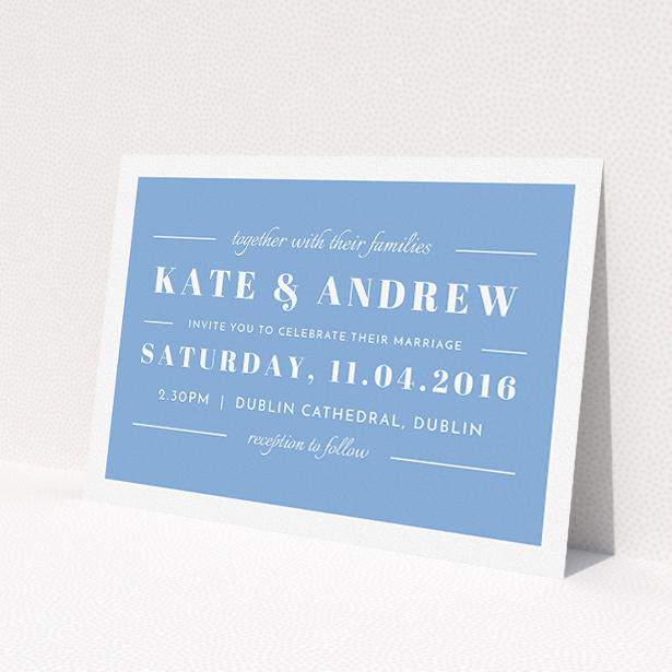 A personalised wedding invite design titled "Lines with a thick border". It is an A5 invite in a landscape orientation. "Lines with a thick border" is available as a flat invite, with tones of blue and white.