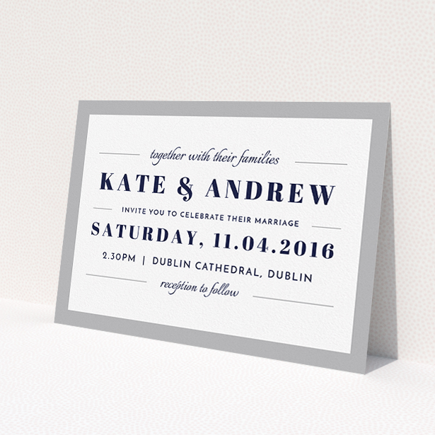 A personalised wedding invite template titled "Lines with a thick border". It is an A5 invite in a landscape orientation. "Lines with a thick border" is available as a flat invite, with tones of grey and white.